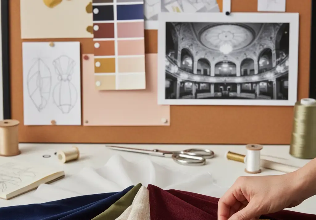 Close-up of a designer selecting from swatches of velvet, muslin, scrim, and poly-cotton drapery fabrics for a San Diego event.