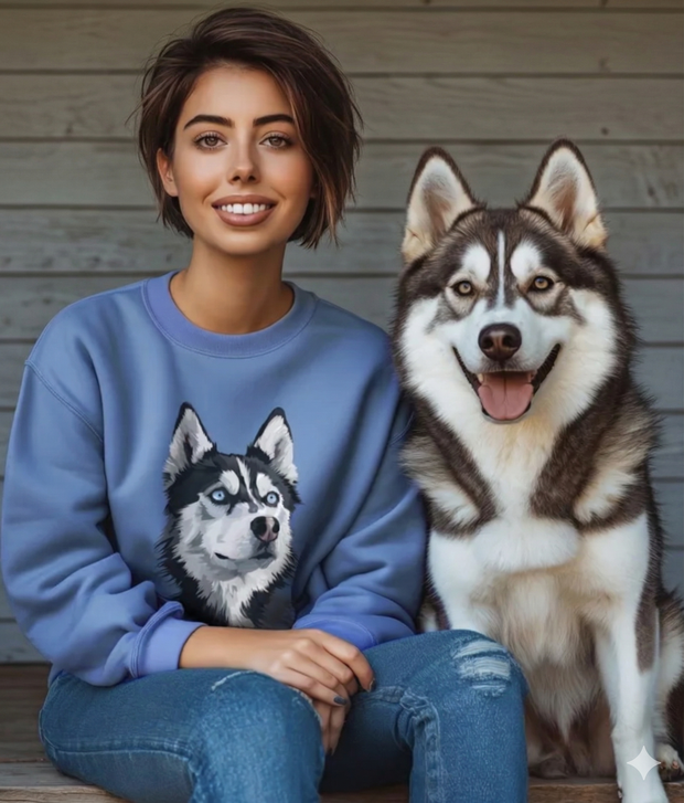 A smiling person sits next to a large husky in front of a wood-paneled wall, wearing a blue sweater with a husky print.