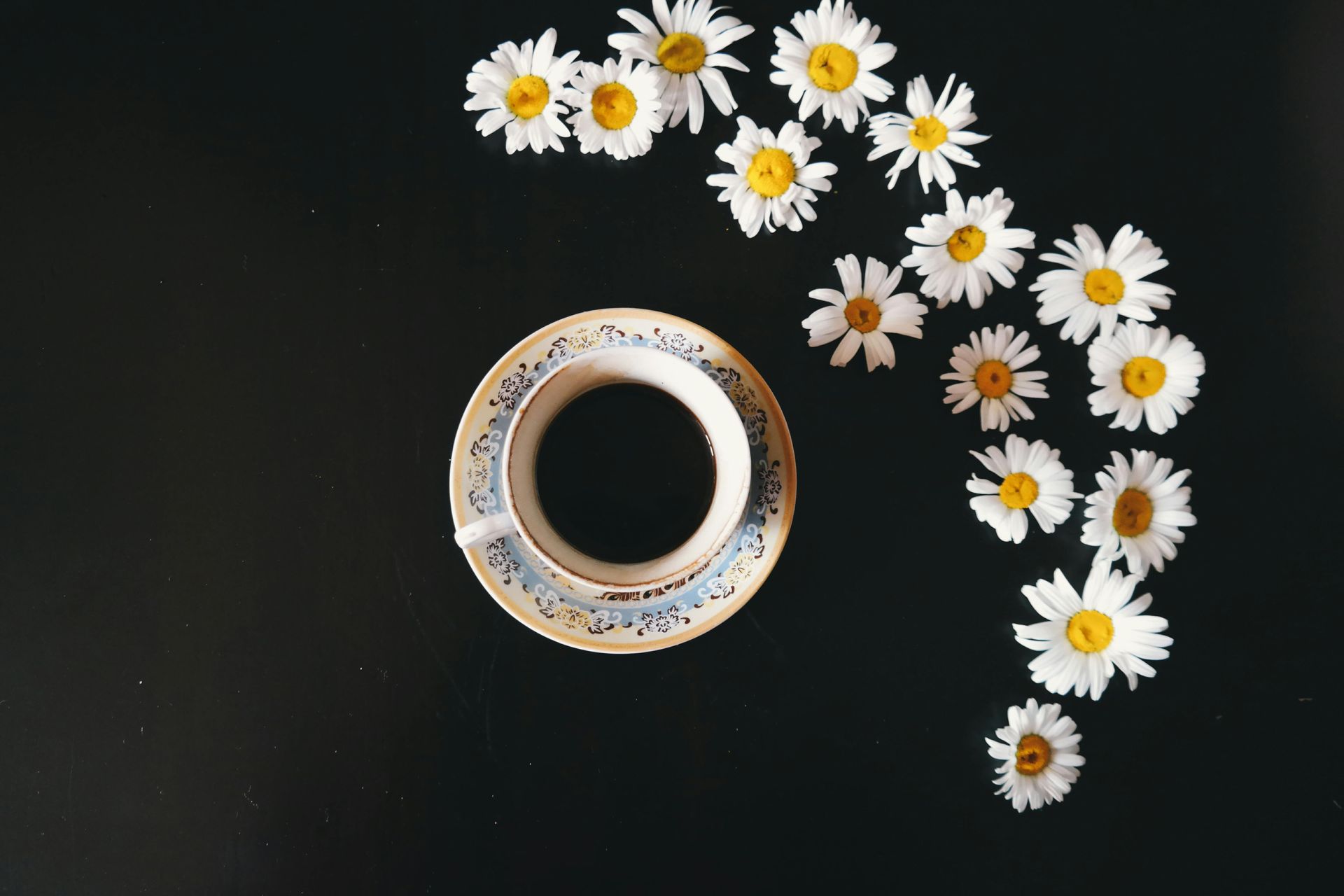 A cup of black coffee centered on a dark surface, surrounded by a curving arrangement of white daisies.