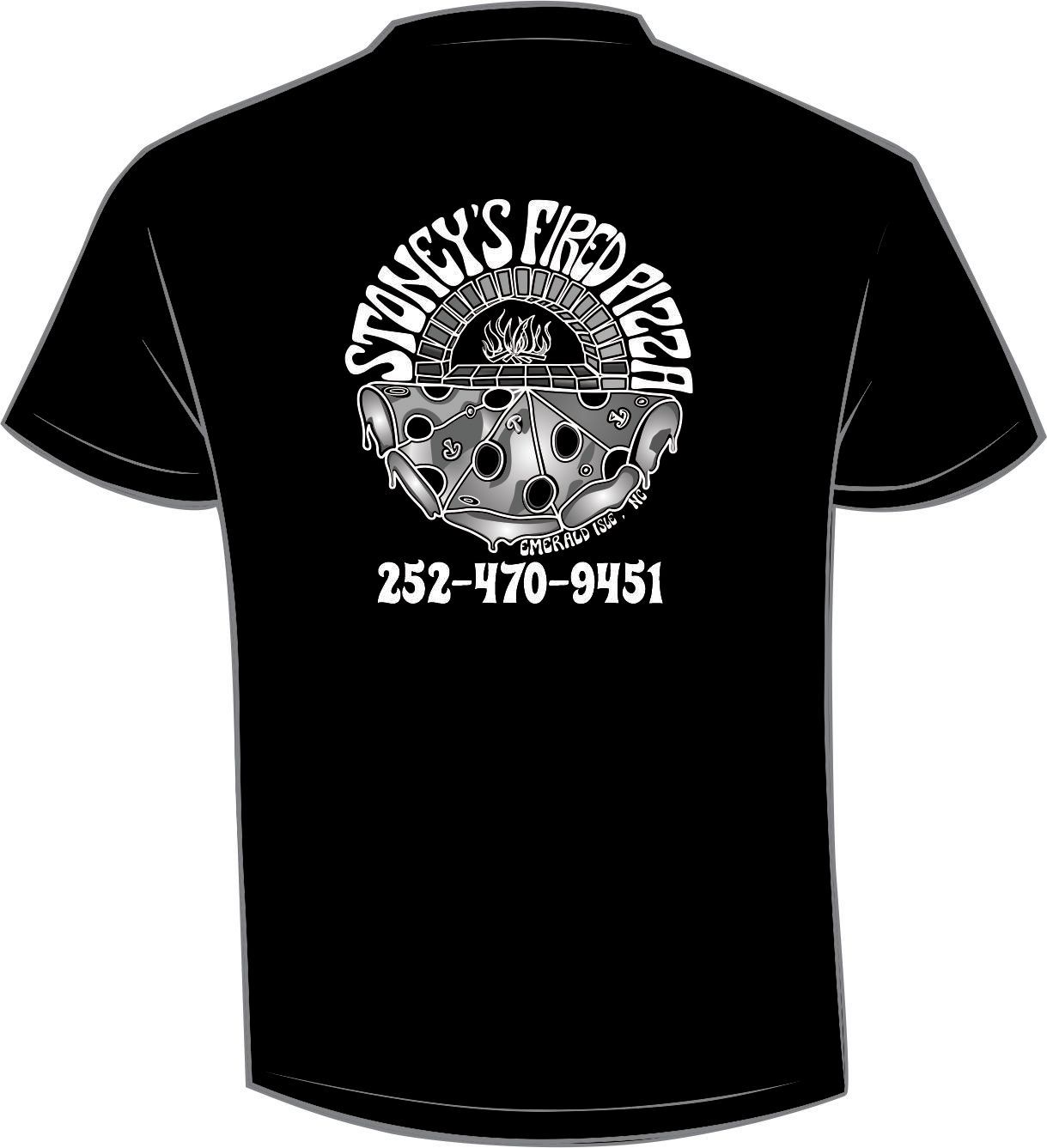 The back of a black t-shirt with a logo on it.