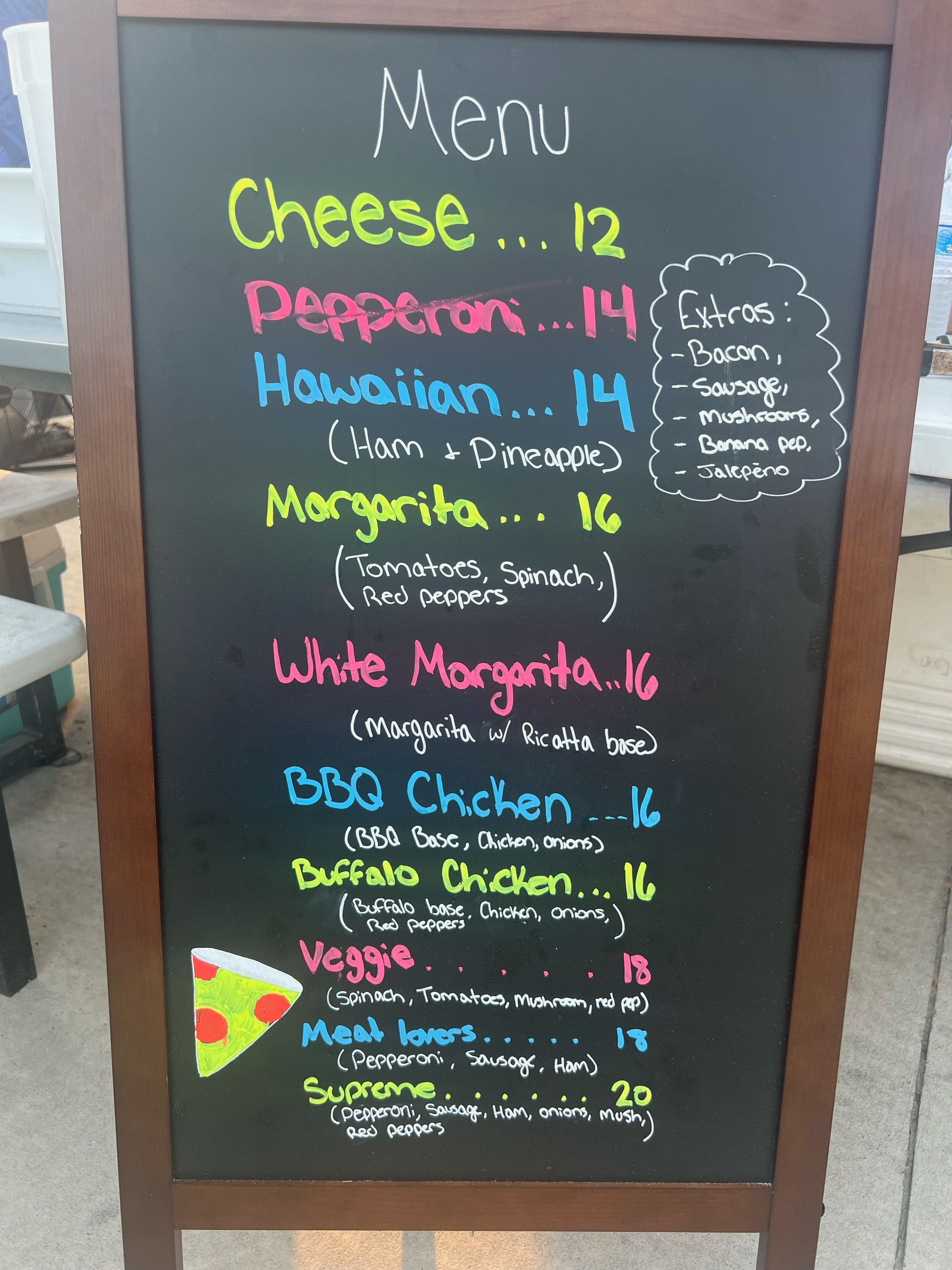 A menu for a restaurant includes cheese pepperoni and margarita