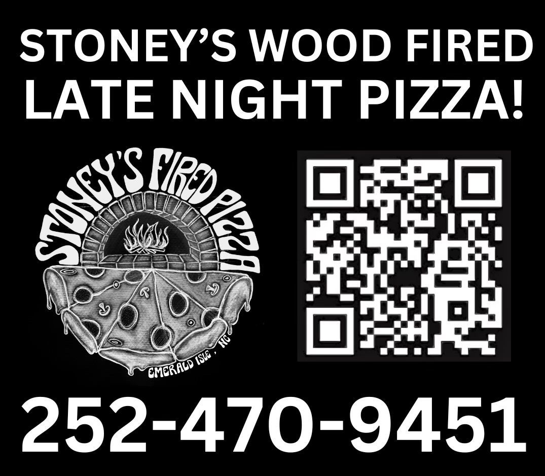 A black and white advertisement for stoney 's wood fired late night pizza.