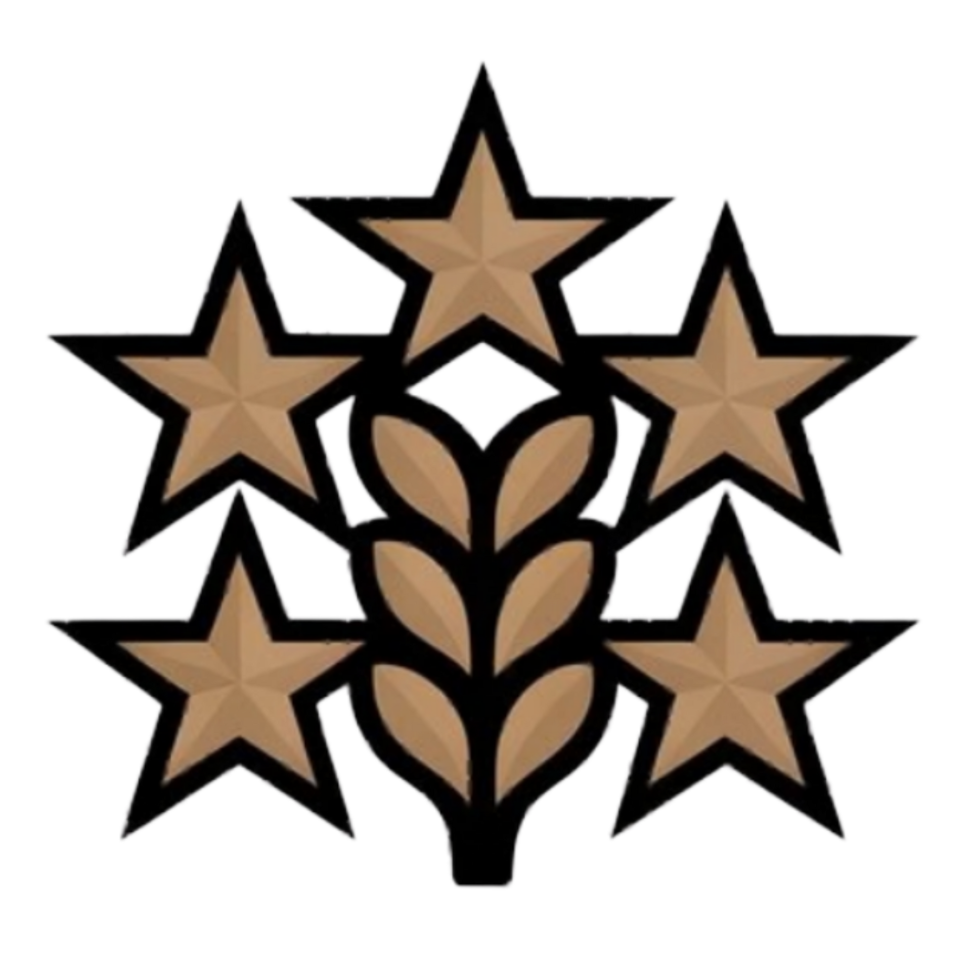 Five brown stars arranged around a brown and black stylized wheat stalk.