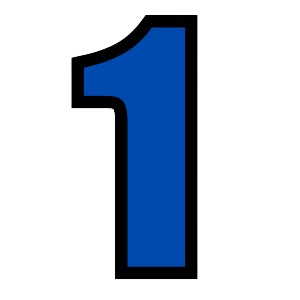 A blue number one with a black outline on a white background.