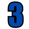 A blue number three with a black outline on a white background