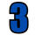 A blue number three with a black outline on a white background