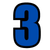 A blue number three with a black outline on a white background