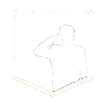 A silhouette of a man saluting in a square on a white background.