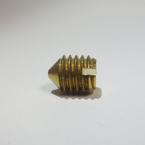 DIN 551 - ISO 7434: Gewindestift mit Spitze und Schlitz, 
M 1,2 - M 12
in Stahl blank und verzinkt, Messing (auch vernickelt), Edelstahl A2 und Poly