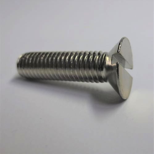 Senkschrauben mit metrischem Gewinde und Schlitz, M 1 - M 16, 
in Stahl (4.8, 5.8, 8.8) blank oder verzinkt, Titan, Edelstahl A2 und A4, Messing (auch brüniert) blank oder vernickelt, Alu, Poly
(weitere Varianten auf Anfrage)