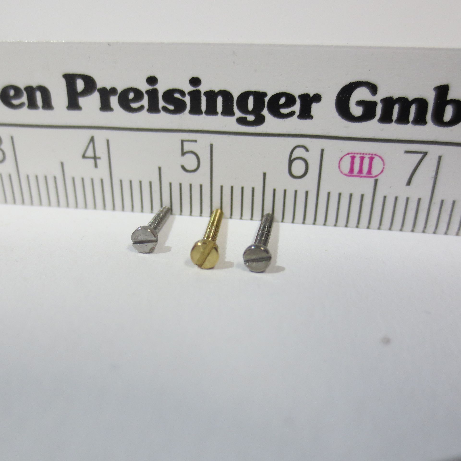 Drei Schrauben liegen neben einem Lineal mit der Aufschrift en preisinger gmb