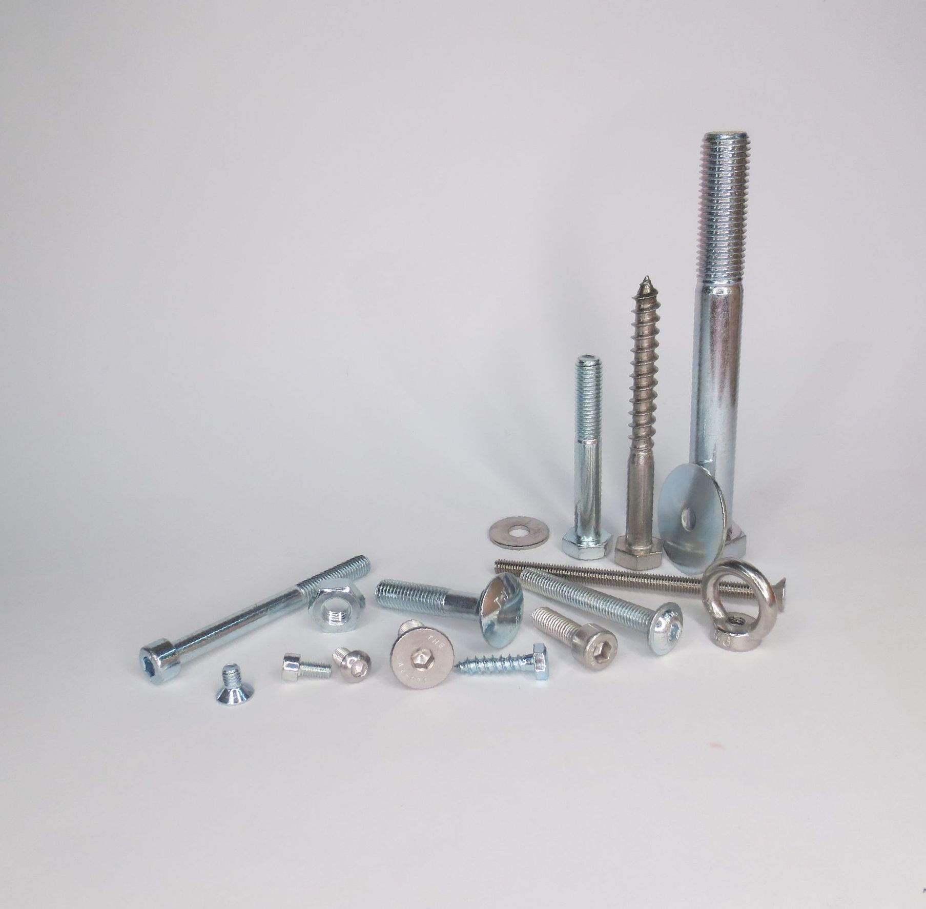 Verschiedene Metallbefestigungen, darunter Bolzen, Schrauben und Unterlegscheiben, auf weißem Hintergrund.