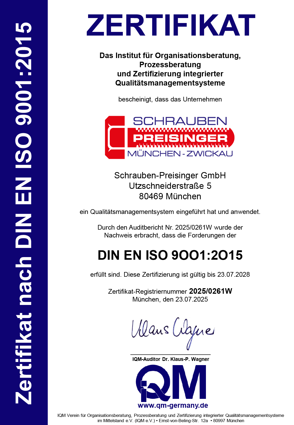 Zertifikat nach ISO 9001 Qualitätsmanagement Zertifikat nach ISO 9001 Qualitätsmanagement