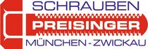 Logo for Schrauben Preisinger, in red and blue with the locations München-Zwickau.