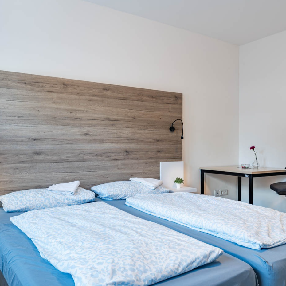 Bedroom with two twin beds, blue bedding, wooden headboard, small table, and a red flower.