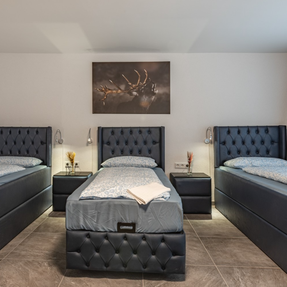 Three single beds in a room with a painting above the center bed.
