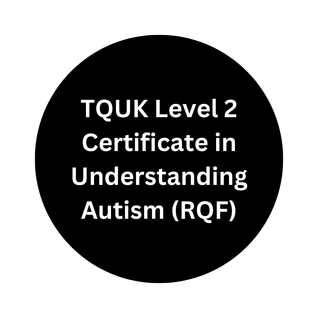 A black circle with white text that says tquk level 2 certificate in understanding autism.