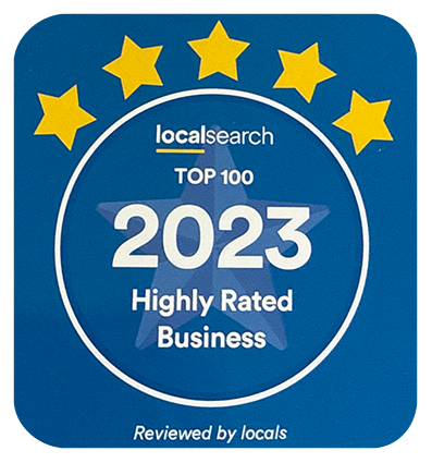 Blue square with white circle and text: 