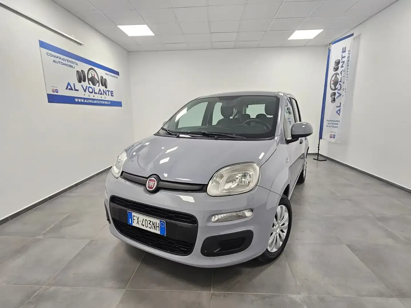 Una Fiat Panda grigio chiaro parcheggiata in un luminoso showroom al coperto, con l'insegna della concessionaria appesa al muro.