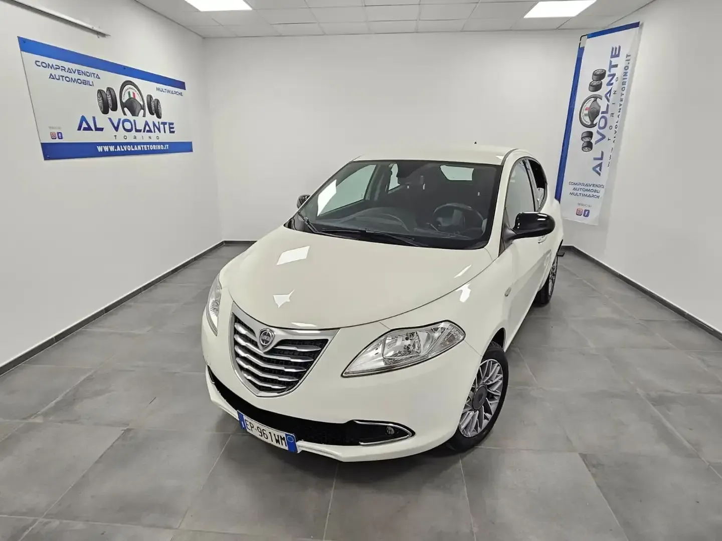 Una Lancia Ypsilon bianca parcheggiata in uno showroom luminoso e asettico, con striscioni promozionali blu e bianchi alle pareti.