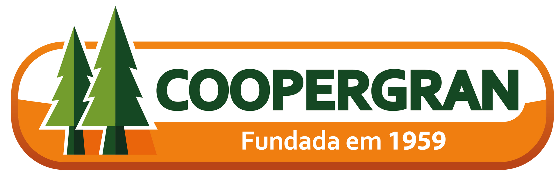 Logotipo da COOPERGRAN com árvores verdes e faixa laranja, “Fundada em 1959” em texto branco.