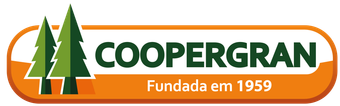 Logotipo da COOPERGRAN com árvores verdes e faixa laranja, “Fundada em 1959” em texto branco.