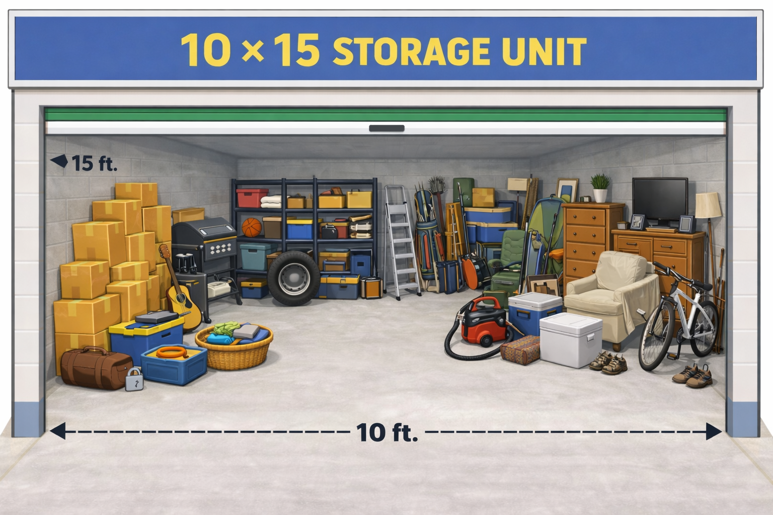A storage unit, dimensions 10x15 ft., filled with boxes, furniture, and other household items.