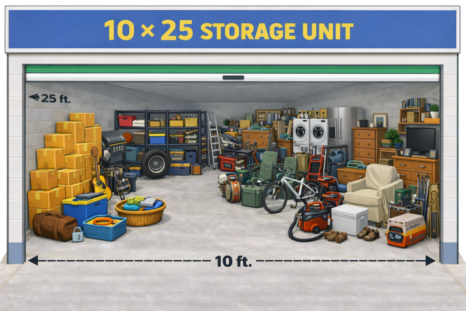 Storage unit filled with packed items. Interior shows boxes, furniture, and various belongings.