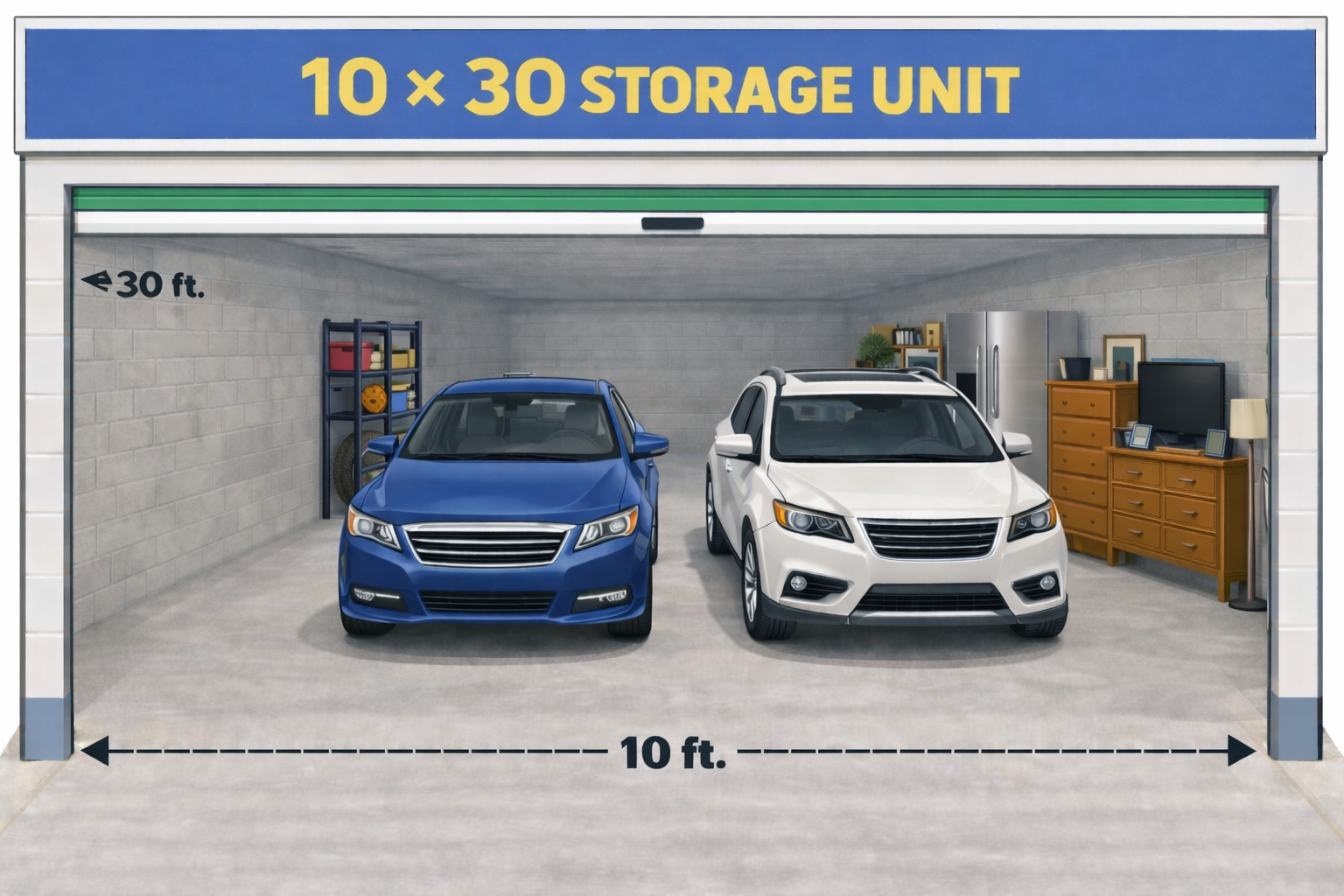 A storage unit, 10 ft. wide and 30 ft. deep, with two cars parked inside.