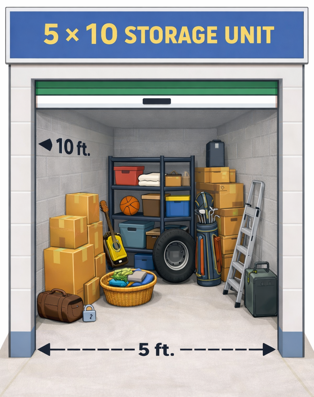 5x10 storage unit illustration; boxes, shelves, and various items stored within; interior view.