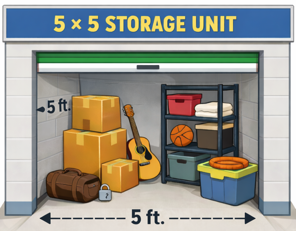 A green-doored 5x5 storage unit filled with boxes, a guitar, and other items.