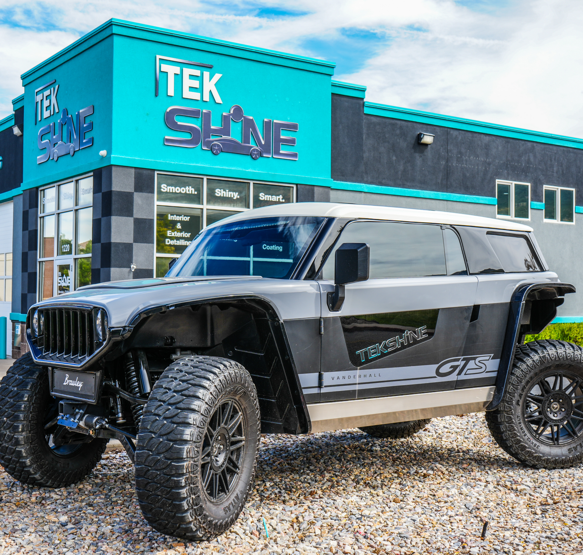 Vanderhall GTS with ceramic coating parked in front of TekShine shop