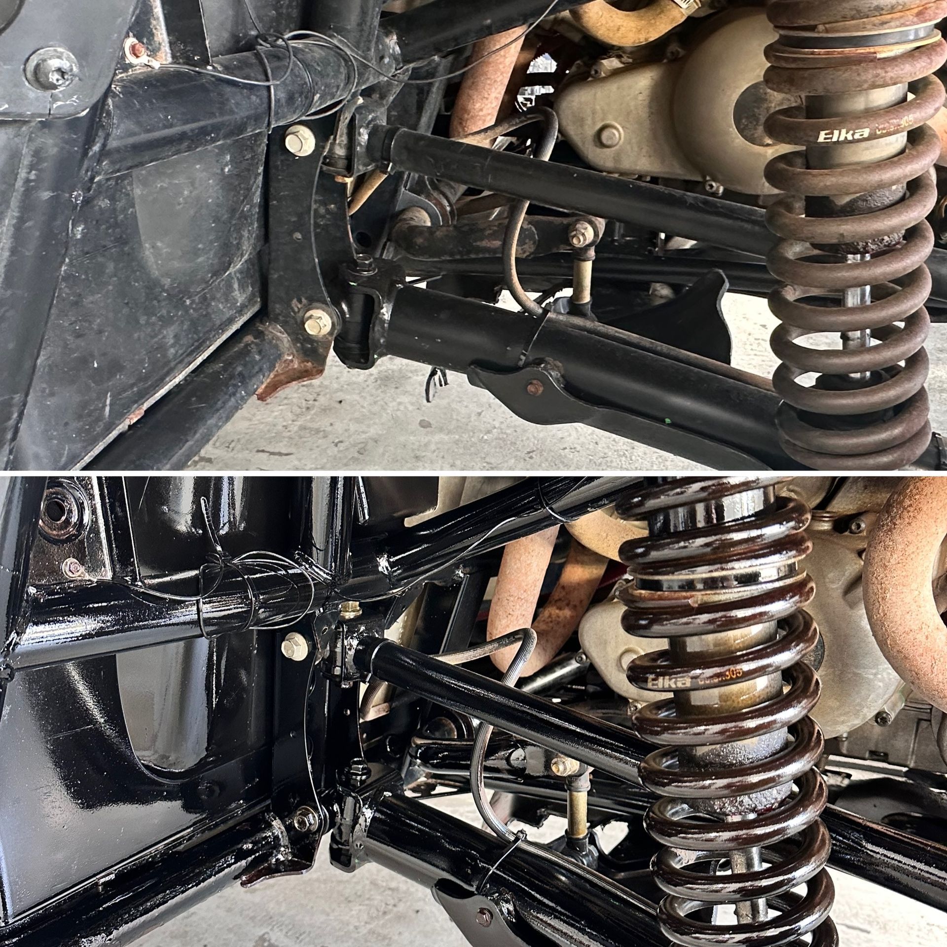 A close up of a suspension system on a vehicle