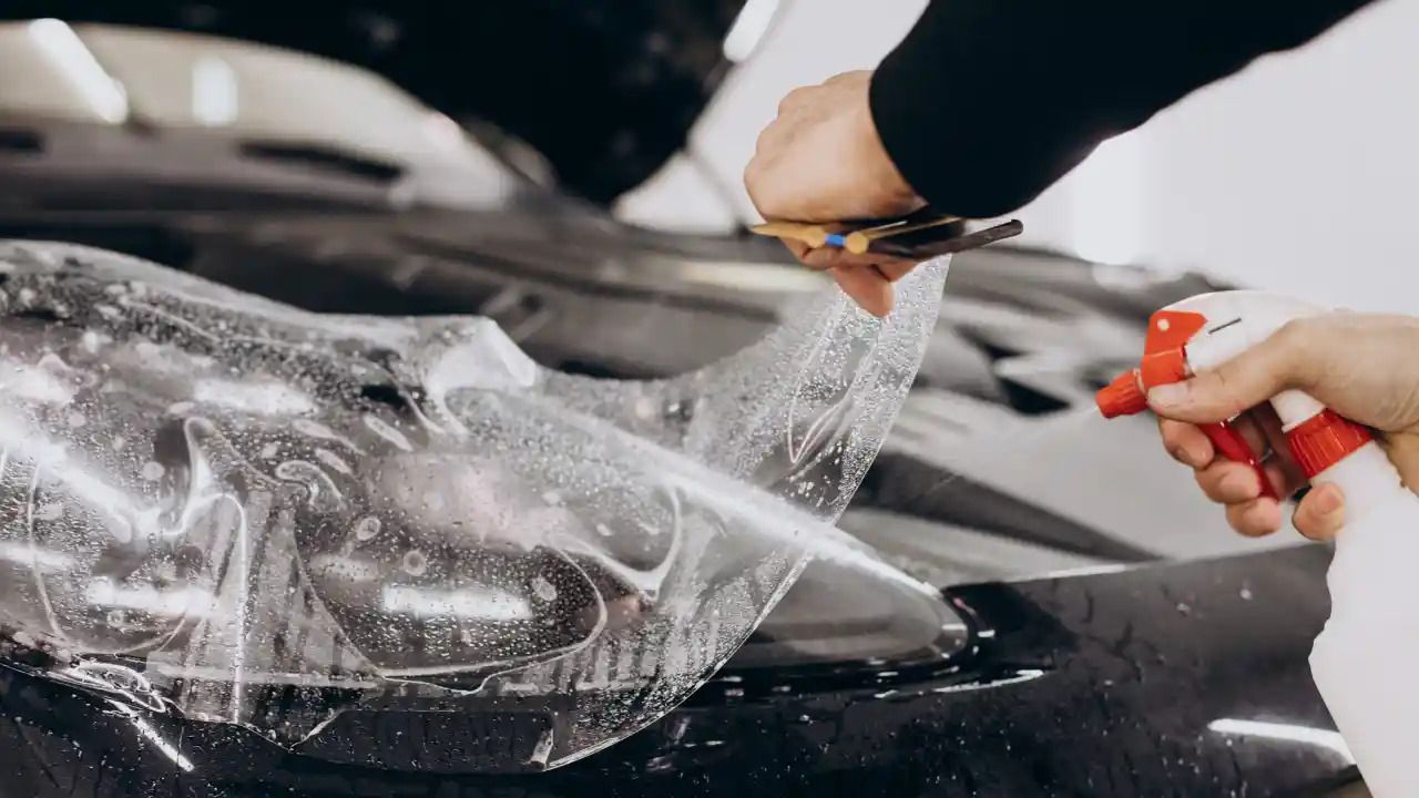 Close-up of a car hood with professionally applied paint protection film with its glossy finish.