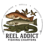 A logo for reel addict fishing charters llc