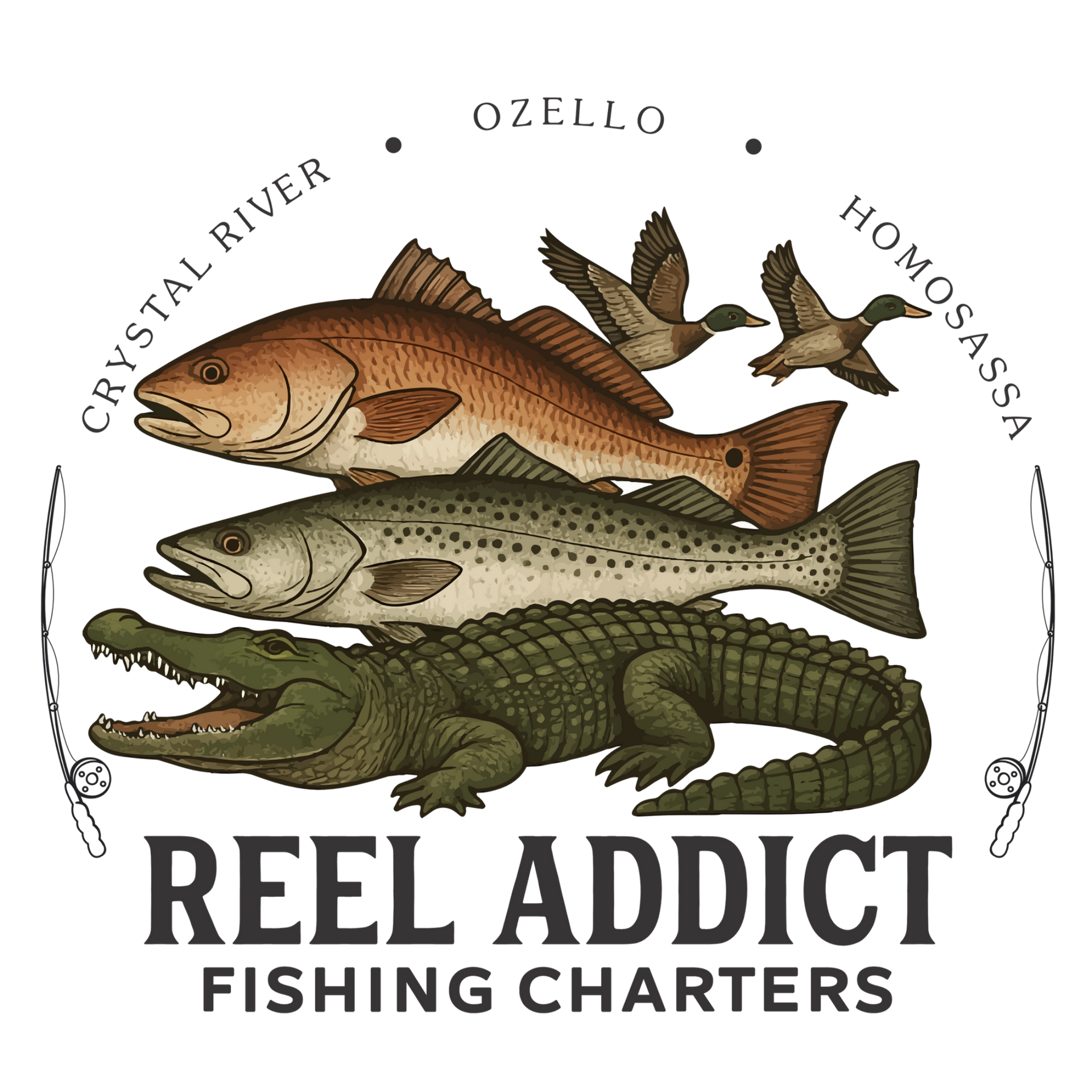 A logo for reel addict fishing charters llc