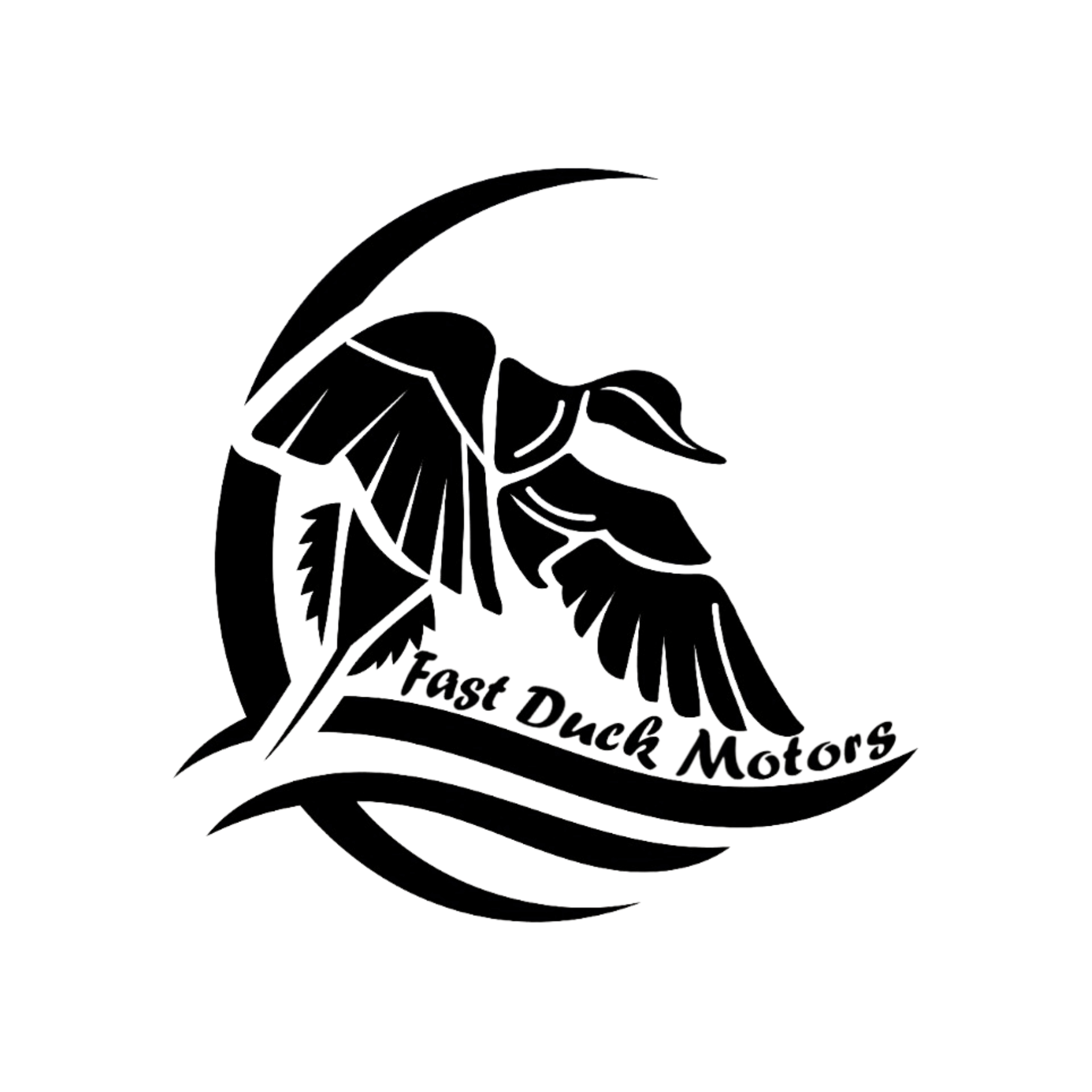 A black and white logo for fast duck motors with a duck and a wave.