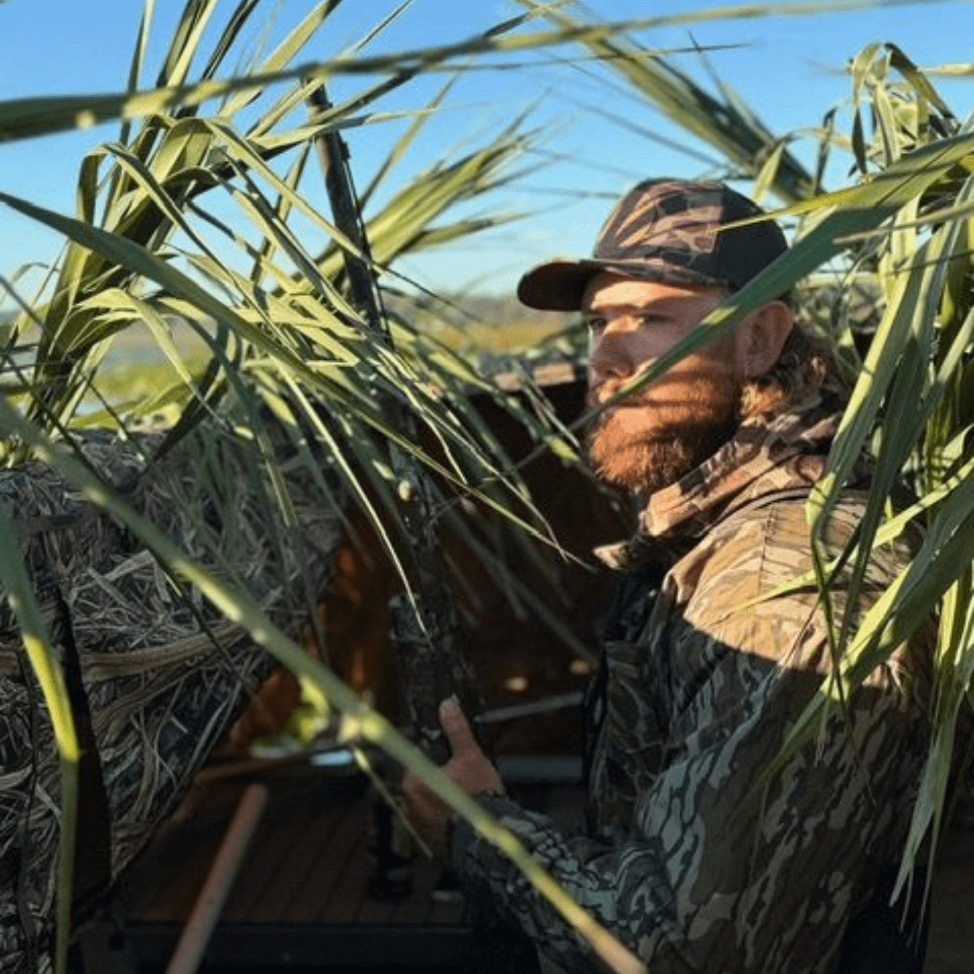 A man in a camo jacket is standing in a field of tall grass