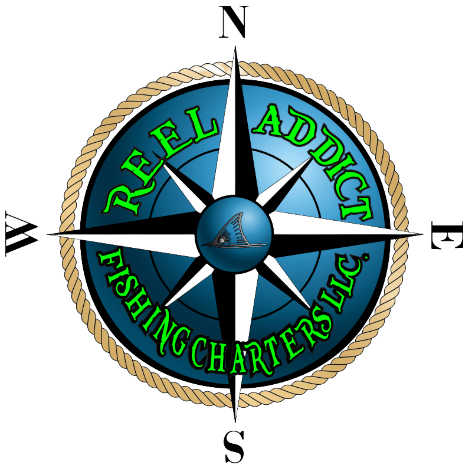 A logo for reel addict fishing charters llc