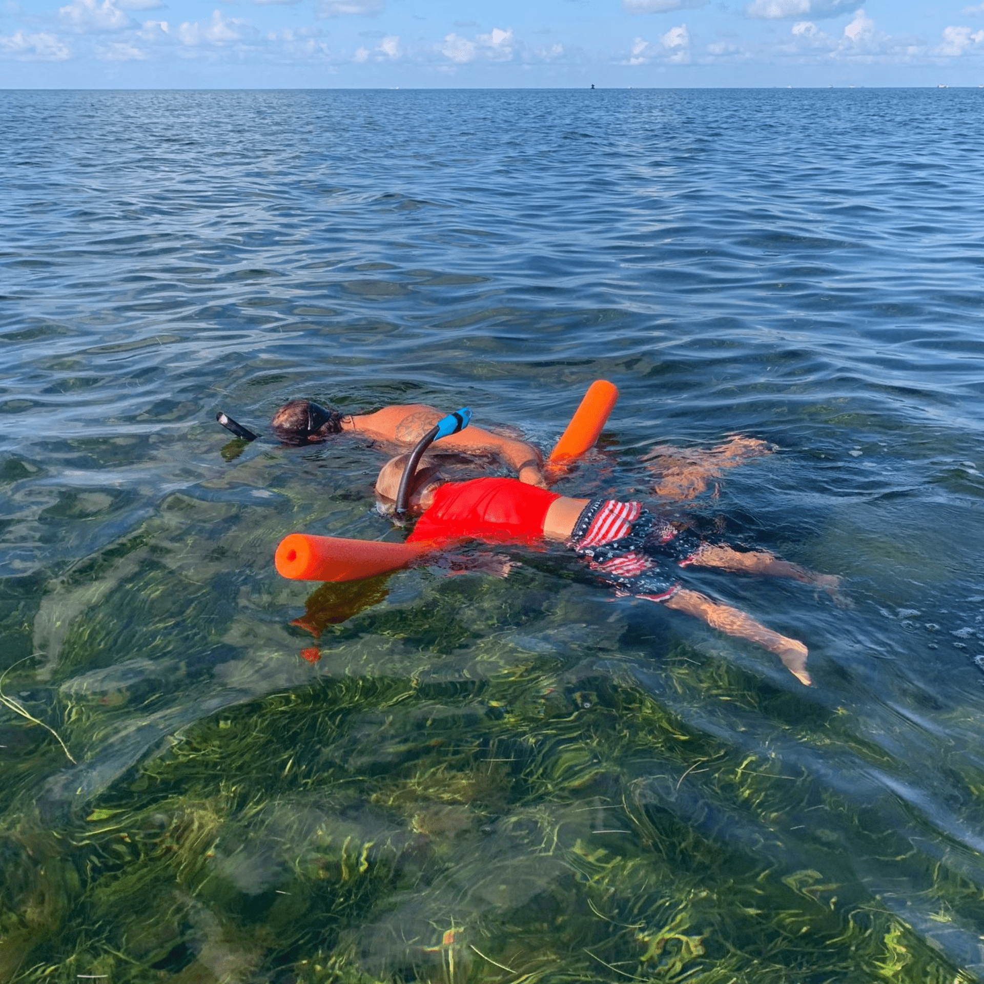 Two people are swimming in the ocean with floats looking for scallops.