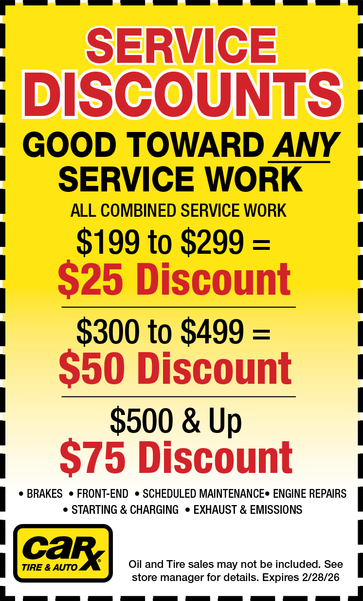 Yellow sign: Service discounts. Offers $25, $50, or $75 off service work based on spending tiers. CarX Tire & Auto logo.