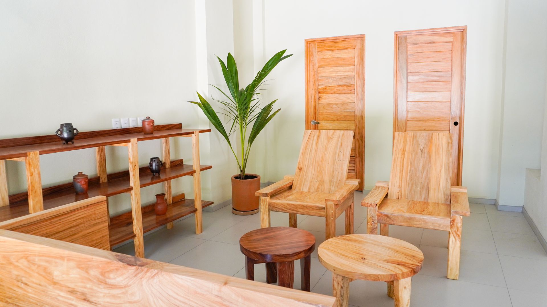 Una sala de estar llena de muebles de madera y una planta.