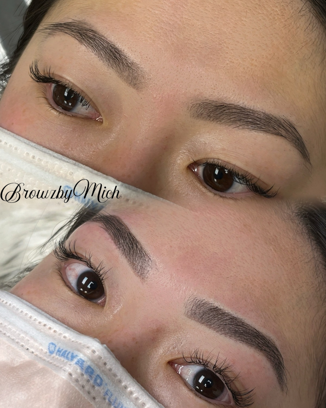 A woman is getting her eyebrows painted by a tattoo artist.