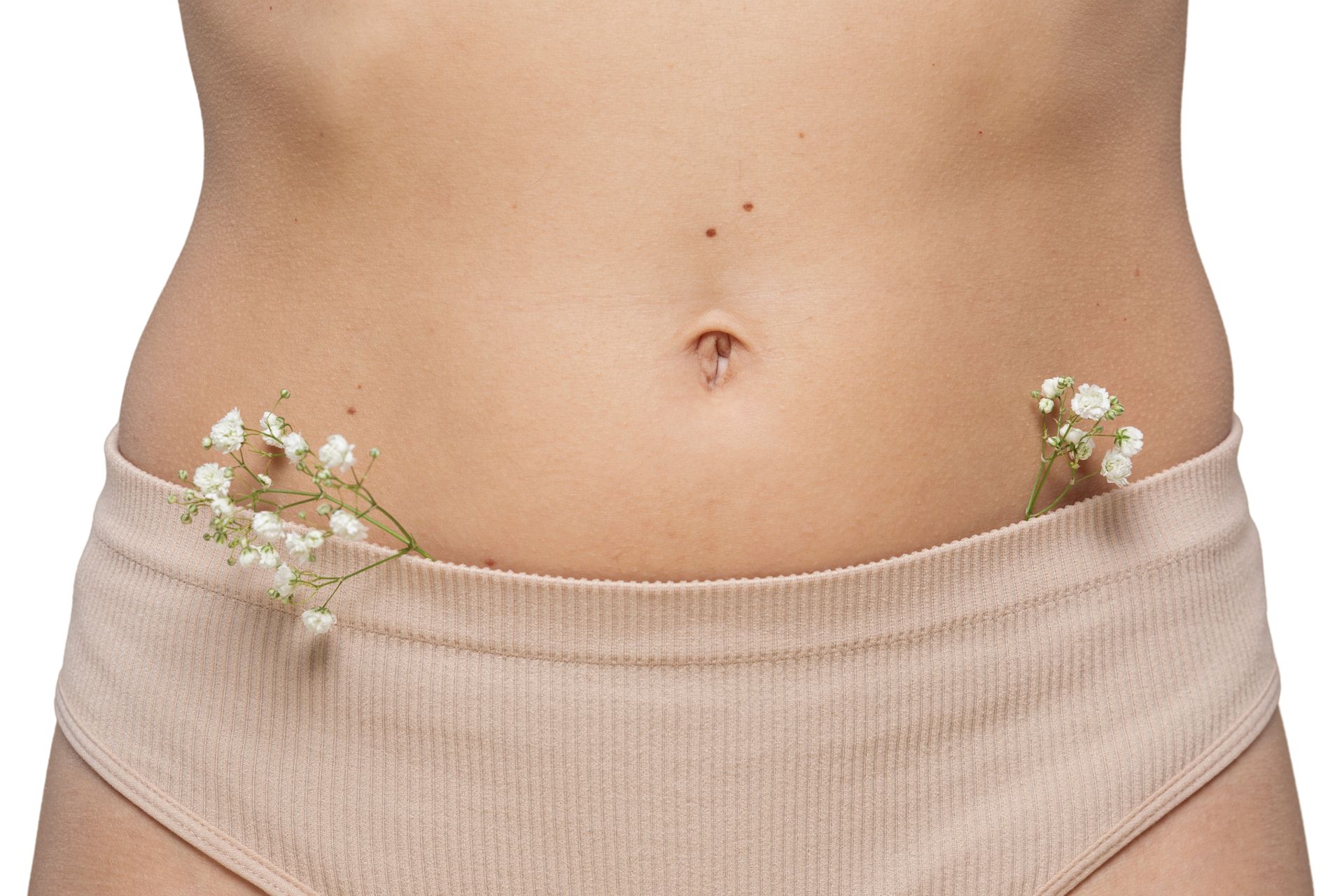 A woman 's stomach with flowers sticking out of it.