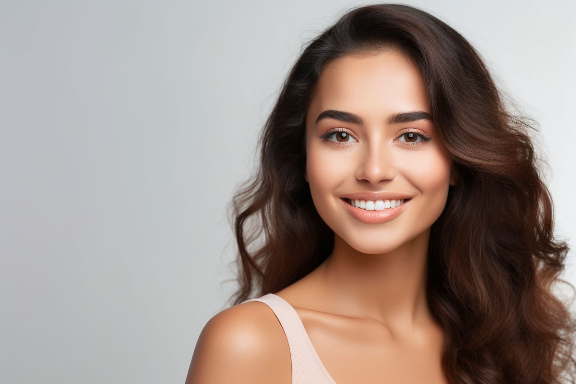 A woman with long brown hair is smiling and looking at the camera.