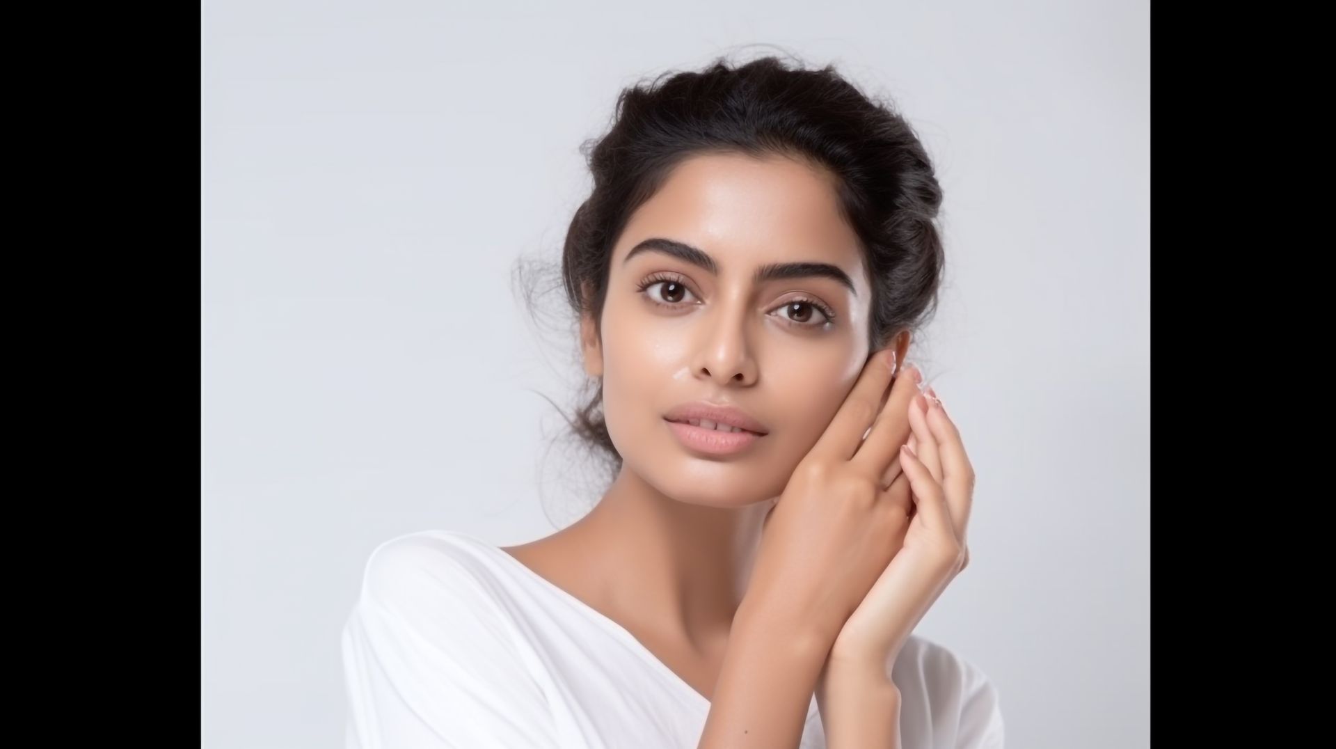 A woman is touching her face with her hand and looking at the camera.