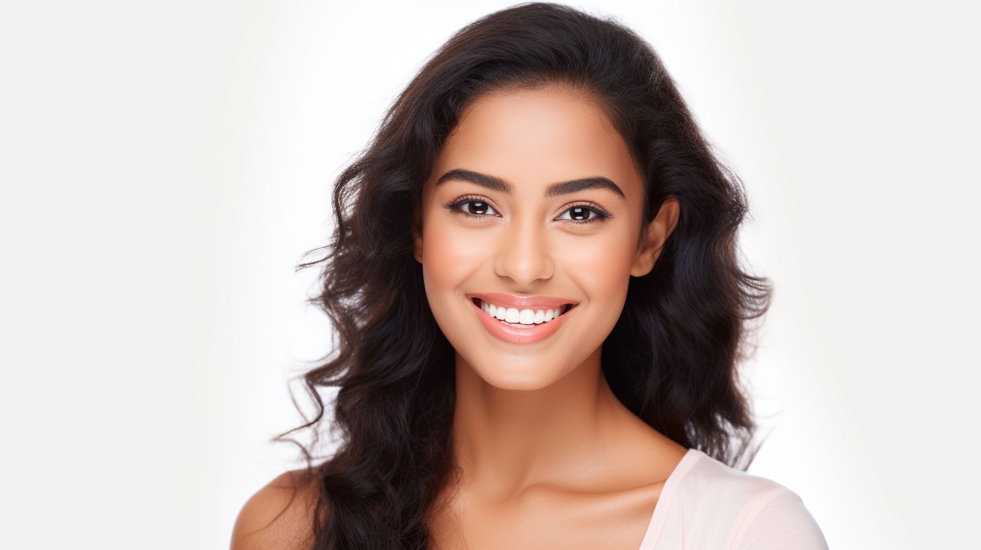 A woman with long hair is smiling for the camera.