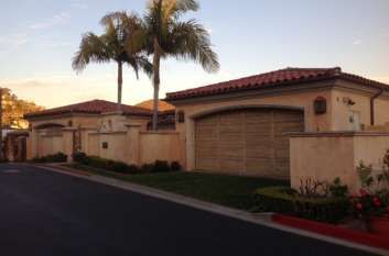 A row of houses with garages and palm trees in a residential area.