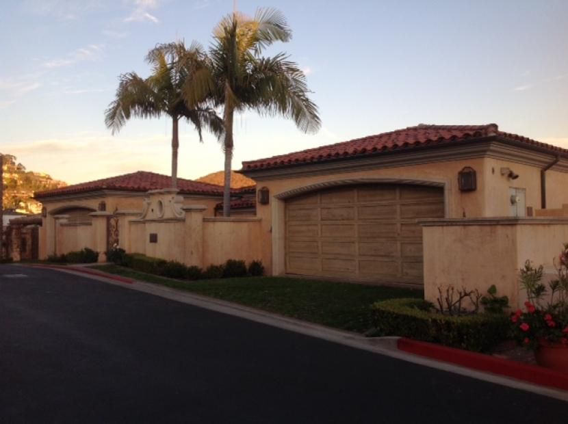 A row of houses with palm trees in front of them