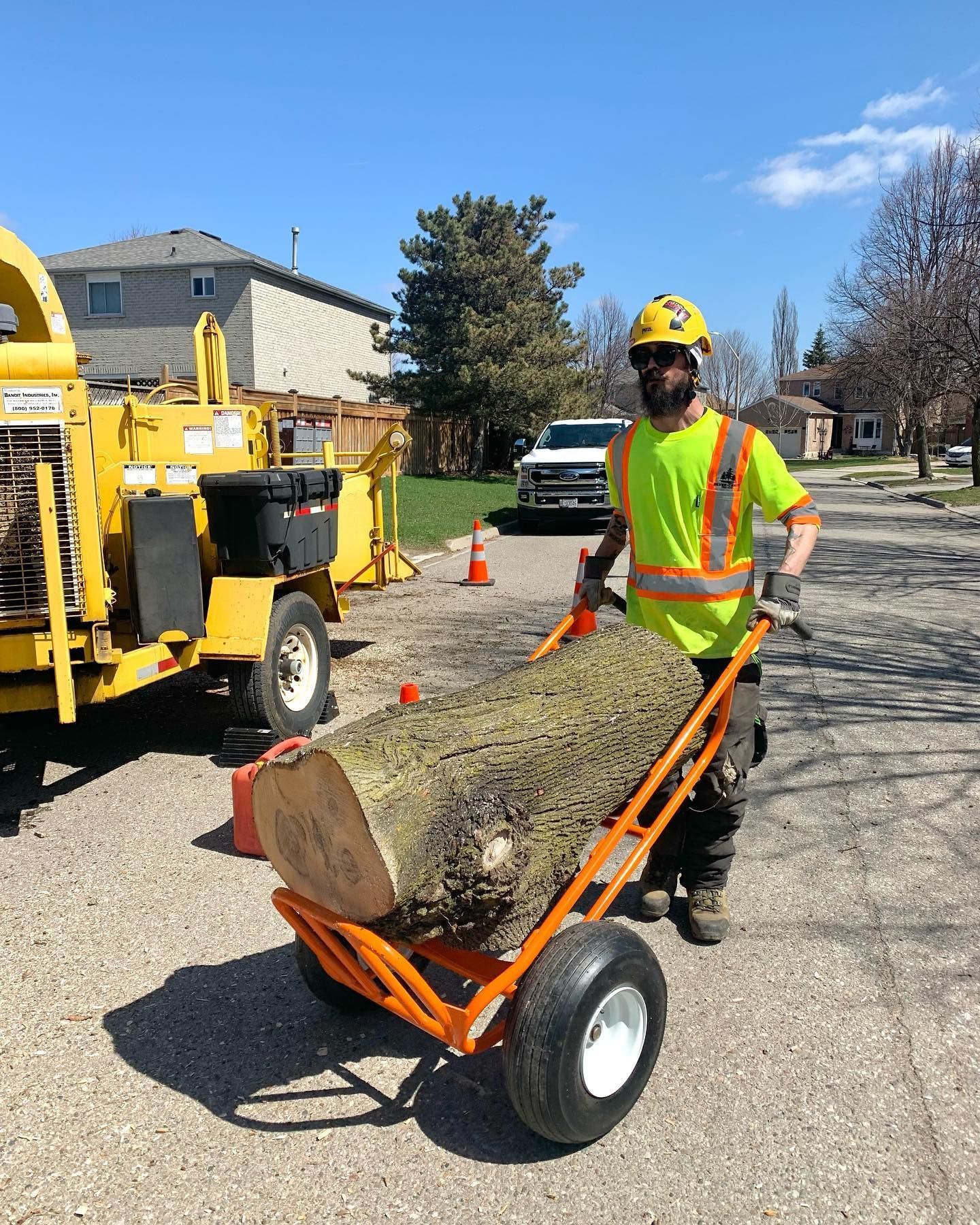  man carrying a large log on a wheelbarrow